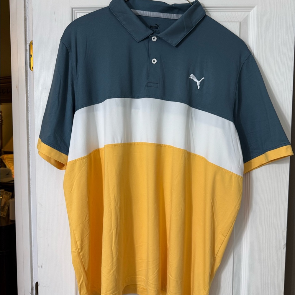 Puma Blue—Gray, Yellow and White Golf Shirt with Sporty Color Block Design